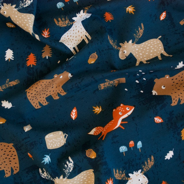 Fairtrade Biojersey Fuchs, Elch und Bär - water by night (GOTS)