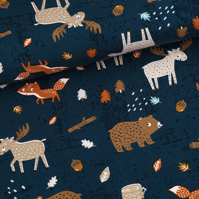 Fairtrade Biojersey Fuchs, Elch und Bär - water by night (GOTS)